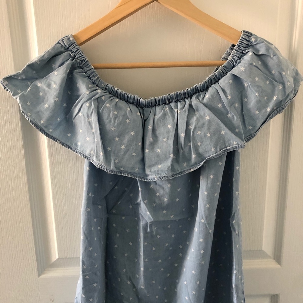 LOVE, Fire Blue Chambray & White Stars Off Shoulder Dress Size M - Picture 4 of 6